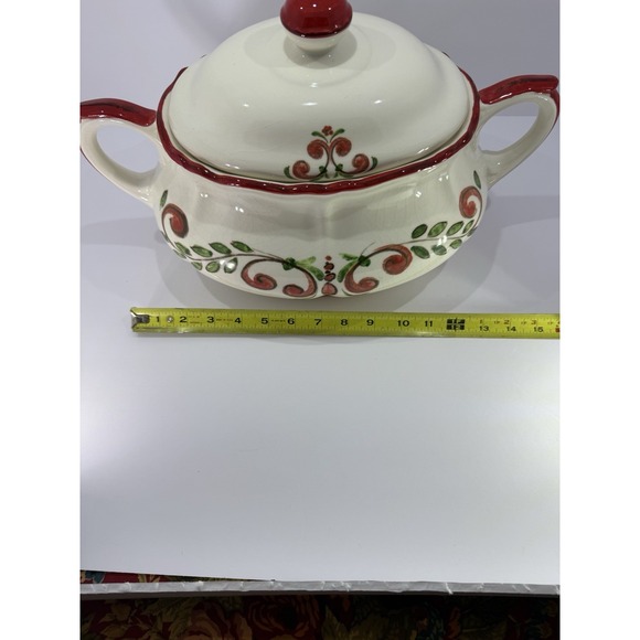 Vintage Hand Painted Soup Tureen with Lid Red Green Scroll Floral Made In Italy - Picture 4 of 9